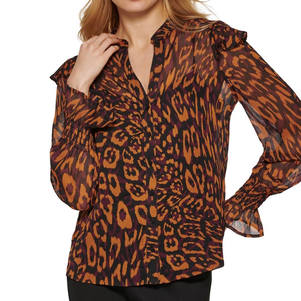DKNY Ruffled Animal Print Blouse Size S. NWT
